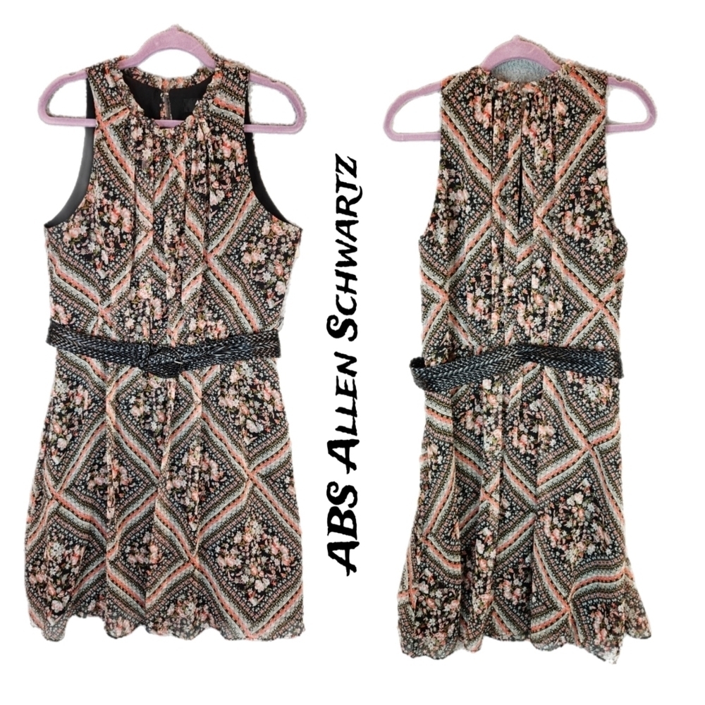 ABS Allen Schwartz Womens Dress Sz 14 Chiffon Floral Faux leather Belt